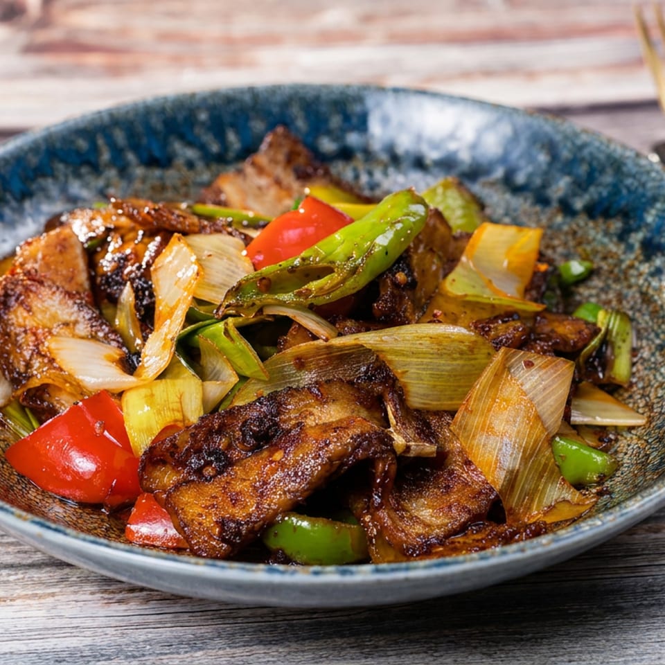 Stir-fried glazed meat with onions and colorful bell peppers in a blue ceramic bowl on a rustic wooden table.