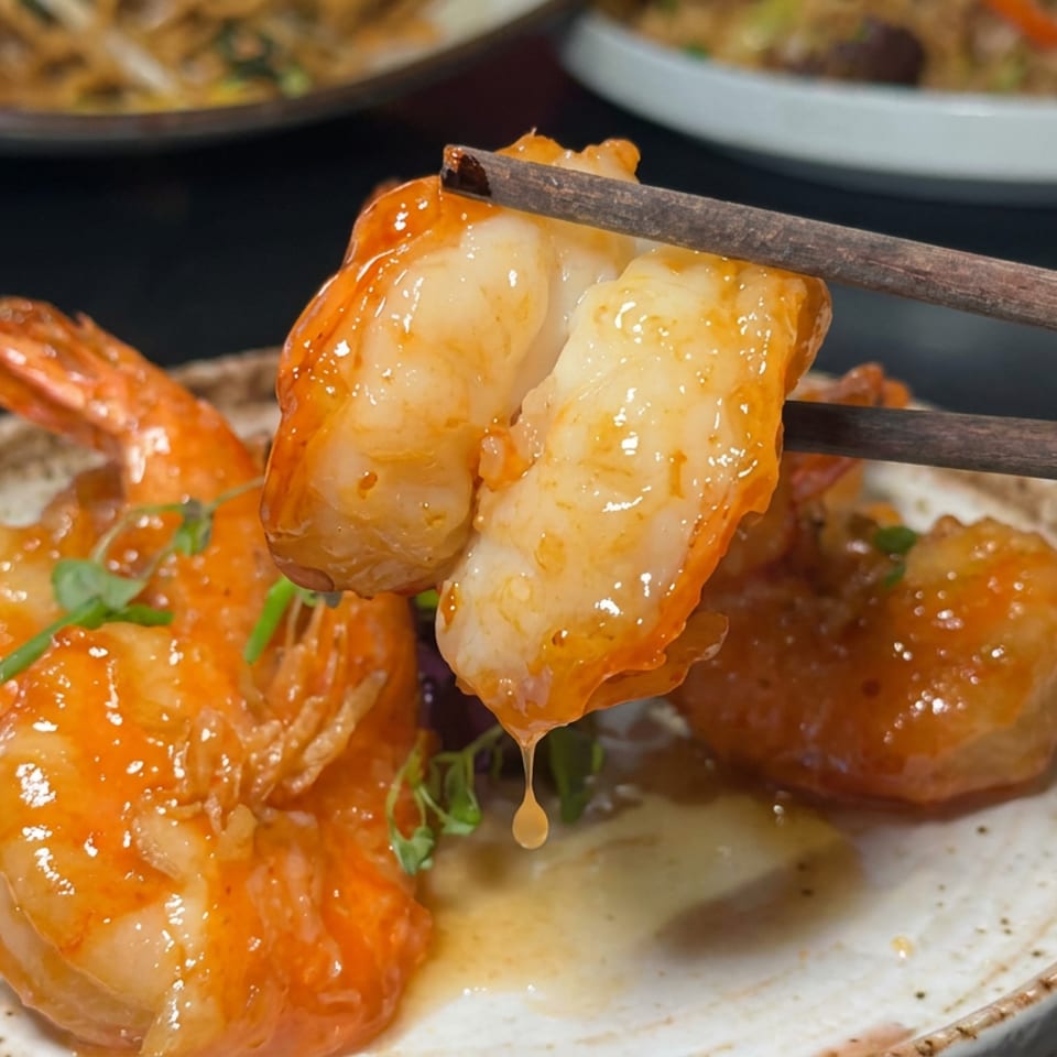 Chopsticks lift two glazed shrimp dumplings above a plate of saucy shrimp and garnished vegetables.