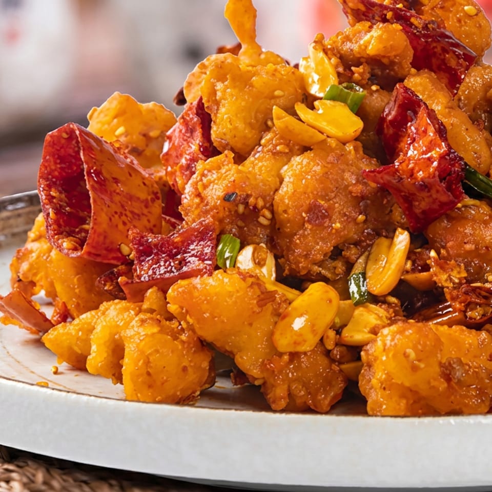 Crispy golden chicken with dried red chilies, peanuts, garlic, and scallions piled on a ceramic plate.