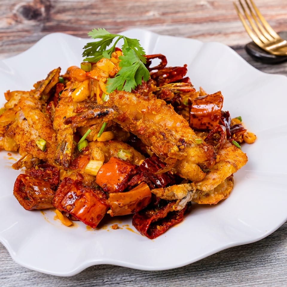 Crispy fried shrimp and vegetables topped with cilantro on a white plate, served with red chilies on a rustic wooden table.