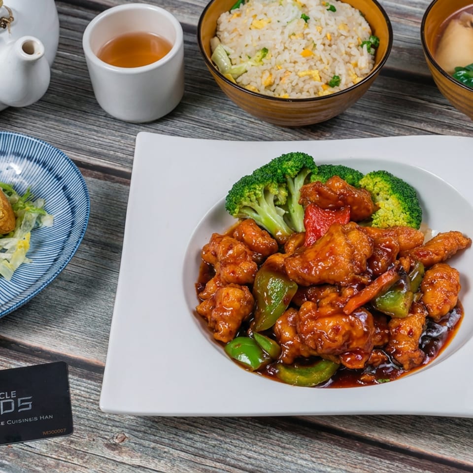 Chinese meal featuring glazed chicken with vegetables, fried rice, dumplings, spring rolls, tea, and chopsticks on a rustic table.