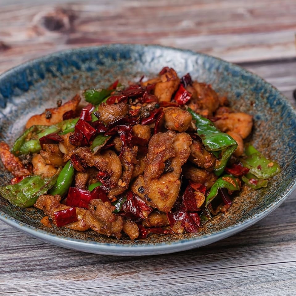 Spicy stir-fried chicken with dried red chilies and green peppers served in a blue ceramic bowl.
