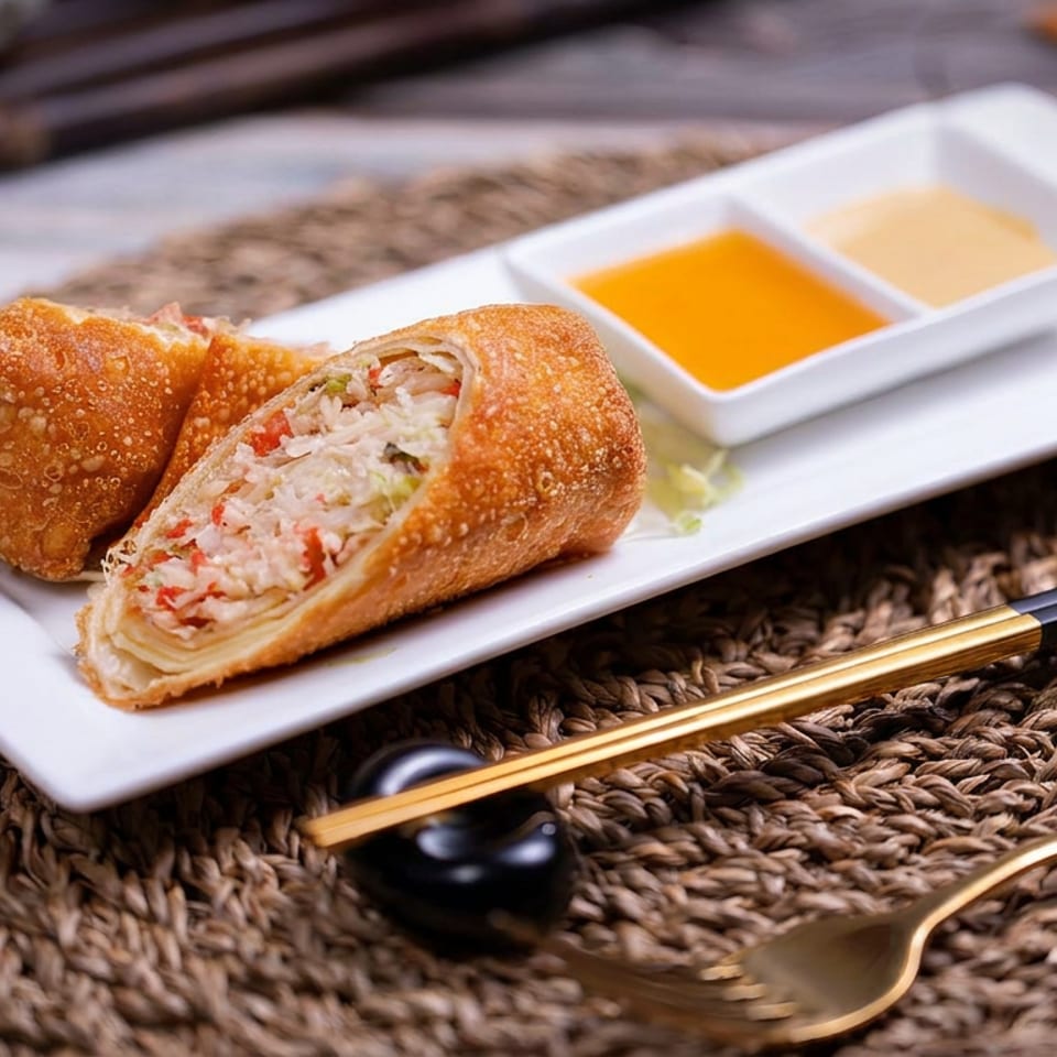 Crispy stuffed pastry cut open on a white plate with two dipping sauces, chopsticks, and a spoon on a woven placemat.