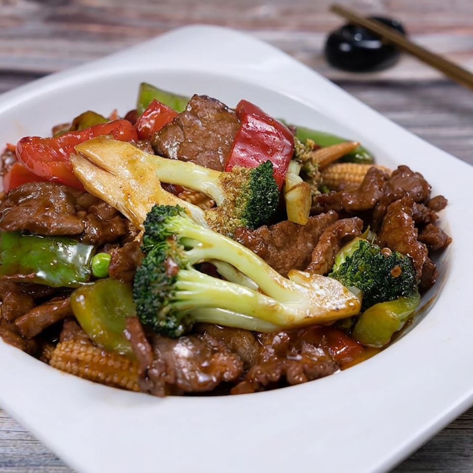 Stir-fried beef with broccoli, bell peppers, baby corn, and other vegetables in brown sauce on a white plate.