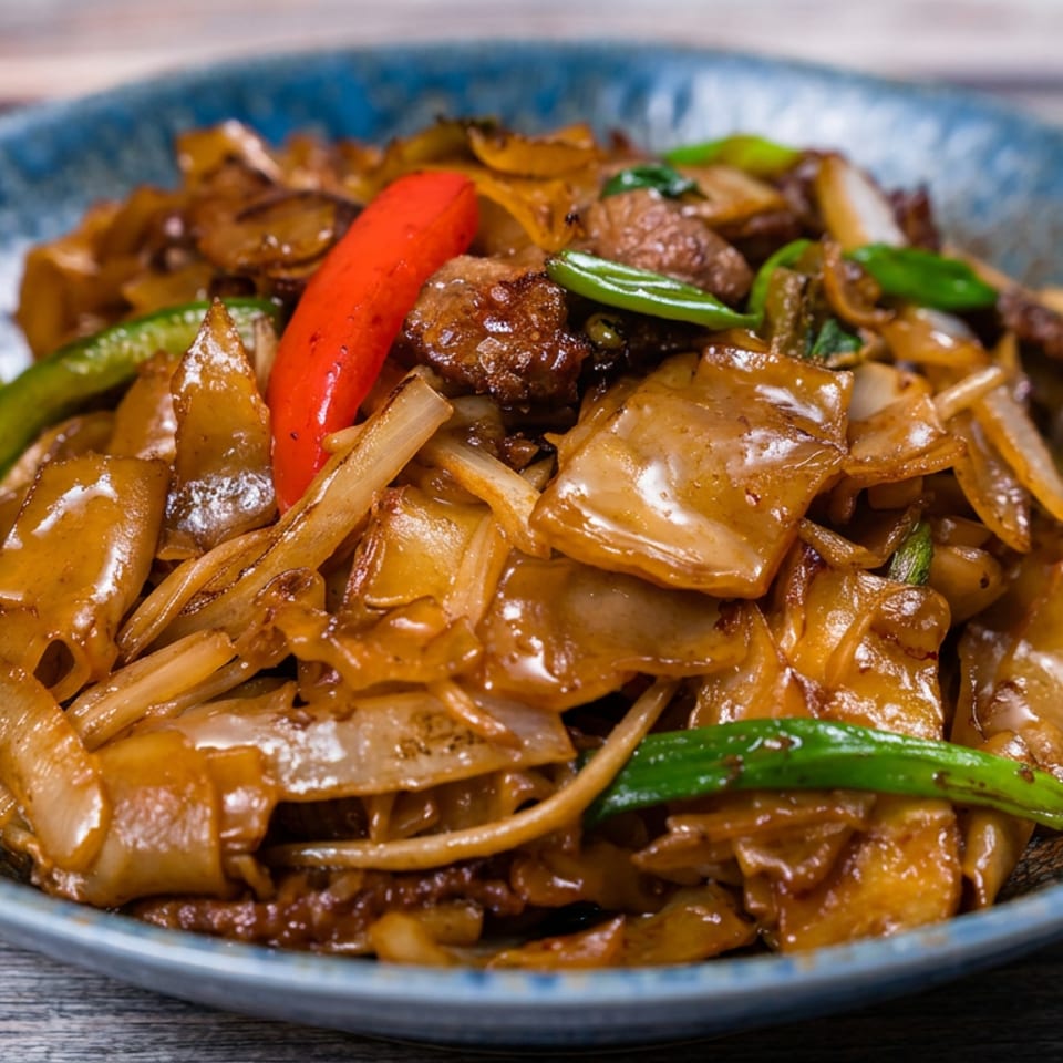 Glazed stir-fried flat noodles with mushrooms, onions, green peppers, and red chili served in a blue ceramic bowl.