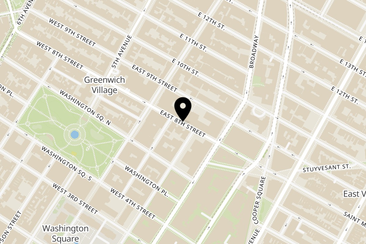 Map showing the location of Uncle Ted's on 38 E 8th St in New York